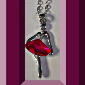 Silver Tone Ballerina Design Necklace With Pink Crystal Kids Girls Gift